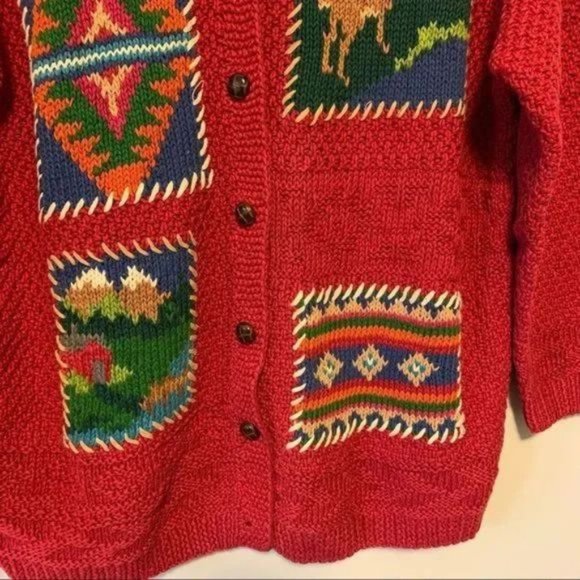 Vintage hand knitted red green cardigan sweater by Susan Bristol large - Picture 5 of 8